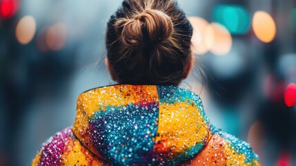 This intriguing image features a woman in a vibrant, patterned rain jacket, capturing the lively atmosphere of a bustling city street during wet weather with a sense of mystery.
