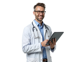 Handsome man doctor standing holding tablet on isolated on transparent background