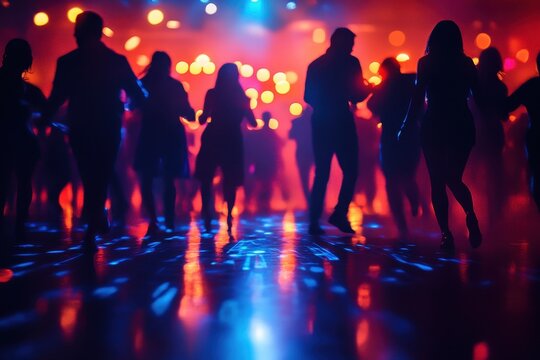 People dancing on a vibrant dance floor at a lively party during the evening with dynamic lighting effects creating an energetic atmosphere