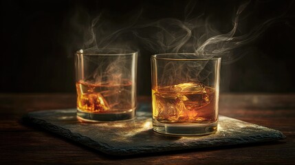 Whiskey glasses clinking above a slate coaster with subtle smoke and golden light
