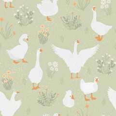 Geese on the meadow, aesthetic cottage core seamless pattern on light green color textured background