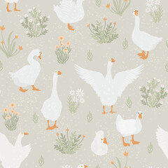 Geese on the meadow, aesthetic cottage core seamless pattern on beige color textured background