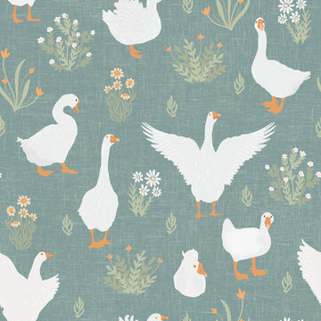 Geese on the meadow, aesthetic cottage core seamless pattern on green color textured background