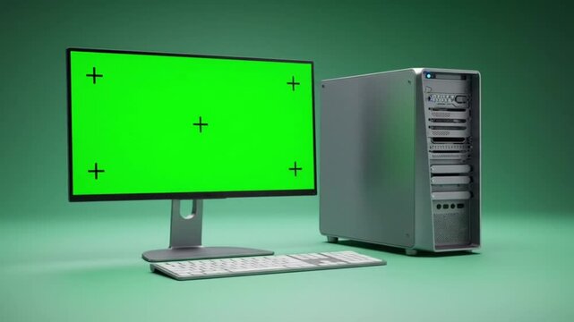 A desktop computer setup with a green screen monitor,