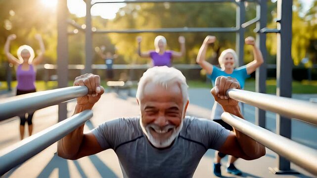 Elderly man exercising on parallel bars in outdoor park with other seniors in background