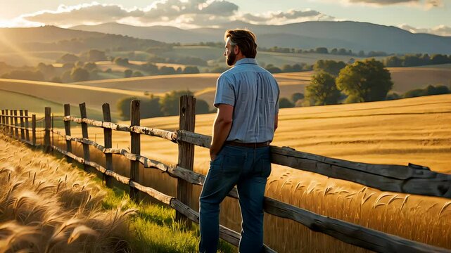 Man standing near wooden fence looking over scenic golden fields and rolling hills during sunset