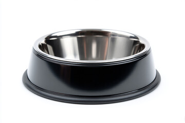 Black pet bowl, stainless steel with a plastic rim, on a white background