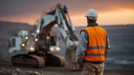 Man in Safety Vest Watches Excavator at Sunset Mining Operation Focus on Construction Labor and Heavy Machinery in Industrial Quarry Setting