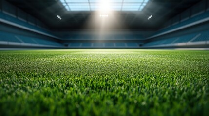 A stunning view of a pristine green grass field illuminated by sunlight inside a spacious modern stadium, evoking feelings of excitement and anticipation before the game.