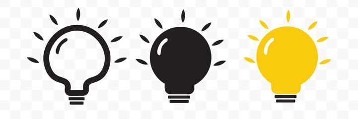 A set of light bulb icon on white background. Idea symbol. Electric lamp, light, innovation, solution, creative thinking, electricity. Outline, flat and colored style. Flat design.