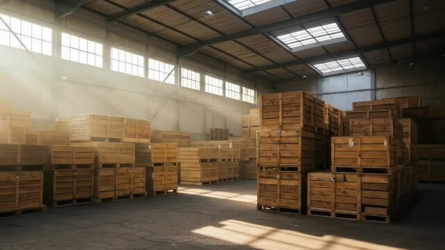 Sunlit Warehouse with Stacked Wooden Crates - A spacious warehouse interior filled with numerous stacked wooden crates, illuminated by bright sunlight streaming through high windows.