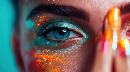 An expressive close-up shot showcases a beautiful eye adorned with vibrant, colorful makeup, highlighting artistic skill with shimmering accents and bold hues that mesmerize viewers.