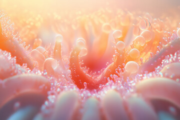 Macro shot of coral polyps opening, soft pastel colors, gentle current movement visible, hyperrealism with glowing light from above
