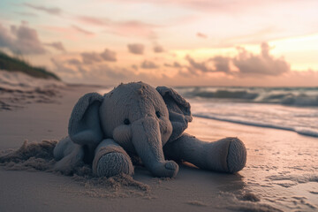 A soft toy elephant with wet and dirty fur lies on an empty sandy beach at dusk, the waves gently rolling in, faint pink and orange hues in the sky.