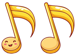 Cartoon musical note clipart illustration with and without happy face, isolated 
