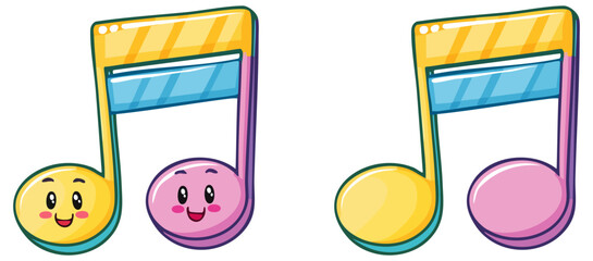 Cartoon musical note clipart illustration with and without happy face, isolated 