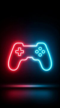 Minimalistic neon icon representing gaming, glowing game controller with pixel elements, bright neon colors on dark background,