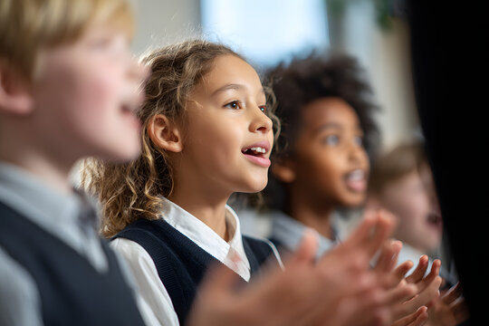 Diverse group of children engaged in choir practice at school.