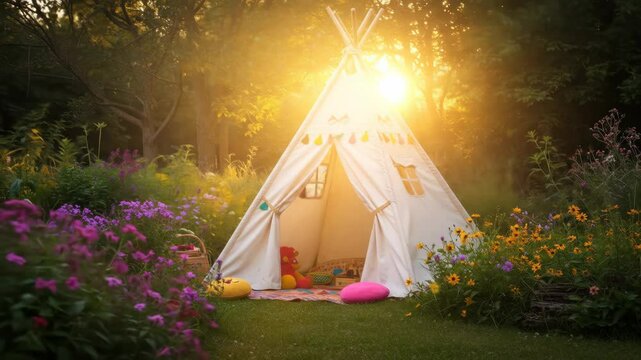 Teepee Play Tent in a Summer Garden at Sunset - A white children's teepee tent sits nestled amongst vibrant purple, yellow, and orange flowers in a lush garden.
