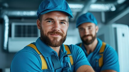 This image portrays two friendly workers in blue uniforms, presenting a welcoming smile in a modern workplace, ideal for promoting teamwork and professionalism in industries.