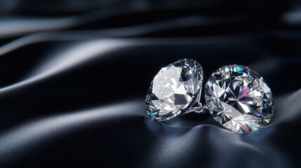 This artistic image showcases two exquisite diamonds resting beautifully on luxurious satin fabric, epitomizing glamour and elegance for high-end jewelry marketing.
