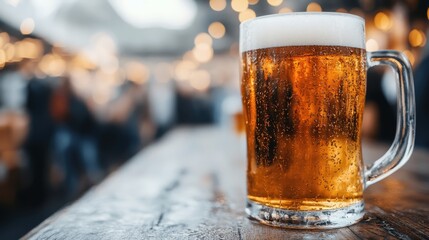 A frosty mug of beer sits on a rustic wooden table, surrounded by soft, blurred lights, creating a warm and inviting atmosphere perfect for social occasions and relaxation.