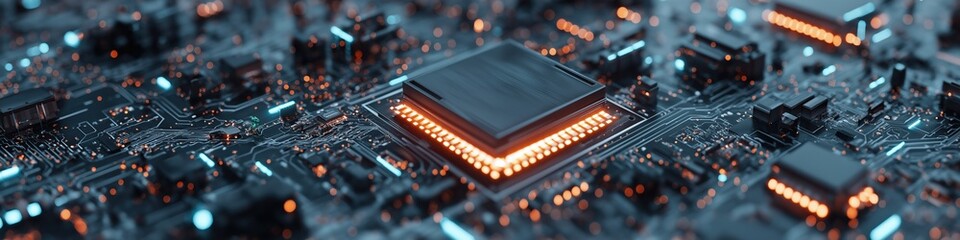 Obraz premium A computer chip with a glowing orange center. The chip is surrounded by other computer chips and wires