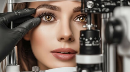 Patient undergoing an eye examination with advanced optical equipment.