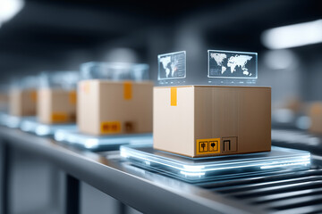 Cardboard boxes moving on a conveyor belt, visualized with high-tech global tracking interfaces