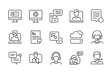 Communication and support icons set in line art