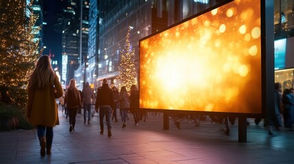 A bustling city street under night lights, featuring a large glowing display that captures attention amidst the crowd, creating an energetic urban atmosphere.