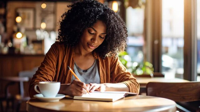 A woman with curly hair writes in a notebook She is inside a bright cafe with sunlight streaming in There is a cup of coffee nearby