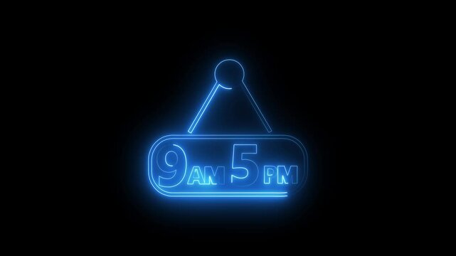 Glowing neon line From 9 to 5 job icon isolated on black background. Concept meaning work time schedule daily routine classic traditional employment. 4K Video motion graphic animation