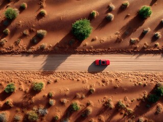 Lonely red car on vast desert road with sandy dunes - drone view.