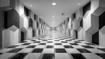 Naklejka premium Long corridor showcases striking black and white checkered flooring paired with three-dimensional geometric wall designs. The space appears well-lit and modern, creating an intriguing visual effect.