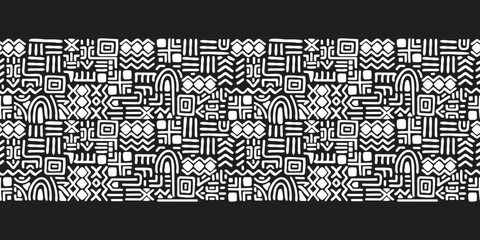 Black and white ethnic  border. Hand drawn seamless pattern with abstract shapes. Geometric print on fabric and paper. Decorative vector design for use in fabric, packaging, card, cover.