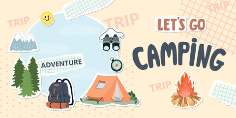 Let's go camping banner collage with tent, backpack, binoculars, compass, forest, mountains and fire. Cartoon elements with paper cut shapes. Hand written and tipographic text. Vector illustration.
