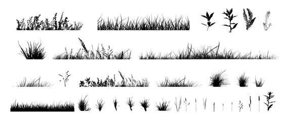 Set of horizontal banners of meadow silhouettes with grass. hand drawn. Not AI, Vector illustration.