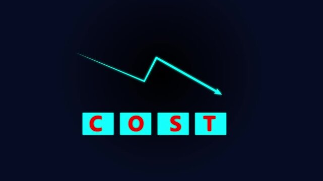Cost reduction concept. Cost wording on decreasing coins stacking with the down arrow. Businessman working on company cost saving. Cost Management, Economy recession, low budget, Effective business,
