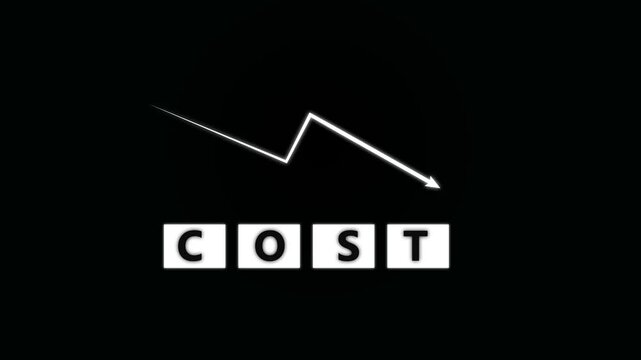Cost reduction concept. Cost wording on decreasing coins stacking with the down arrow. Businessman working on company cost saving. Cost Management, Economy recession, low budget, Effective business,