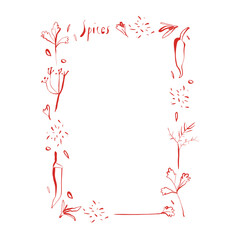 Frame with chili pepper parsley dill and herbs in minimal linear style for kitchen print recipe cards and food packaging