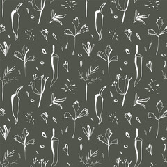 Seamless herb and chili pattern on deep green background in hand drawn minimal linear style for packaging and kitchen decor