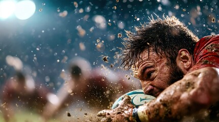 An intense rugby player fiercely grapples for the ball in a muddy field, exemplifying strength, determination, and athleticism in the game while capturing the raw energy of sports.