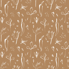 Seamless spice pattern with chili peppers and herbs on warm brown background in hand drawn minimal linear style
