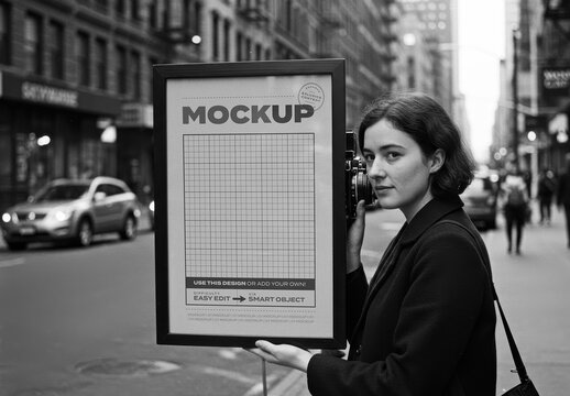 Old Photo Woman with Camera Holding Poster Frame Mockup