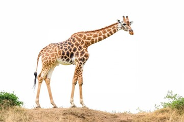 Obraz premium A Majestic Giraffe Standing Gracefully on a Hill Against a Bright White Background, Showcasing Its Unique Spots and Long Neck