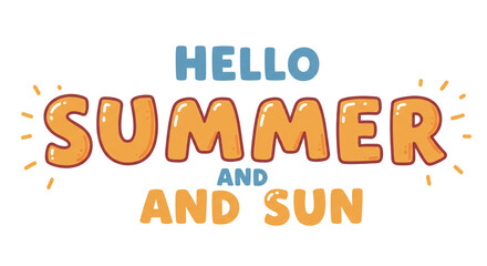 Hello summer and sun text in blue and orange with sunbursts on a white background illustration