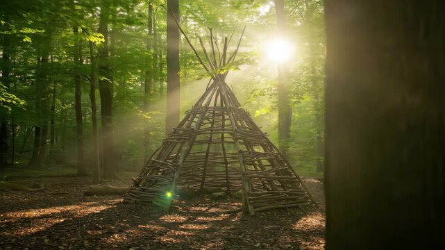 Mystical Woodland Teepee at Sunrise - A rustic wooden teepee stands serenely in a sun-dappled forest, bathed in the ethereal light of the rising sun.
