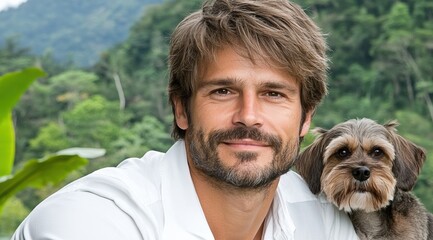 Smiling man with dog in lush nature setting