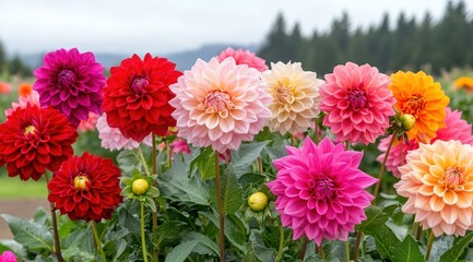 Vibrant dahlias blooming in a scenic garden landscape with lush greenery and mountain views © ArtVessel